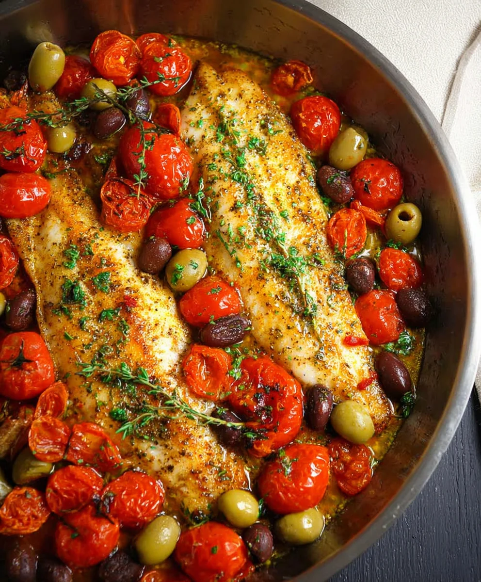 Easy Baked Fish Cherry Tomatoes Olives Recipe