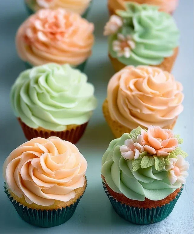 Sweet Treat Cupcake Ideas For Any Celebration : Peach and Soft Green Cupcakes