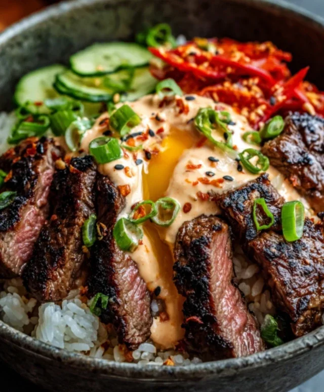 Korean BBQ Steak Rice Bowls with Spicy Cream Sauce