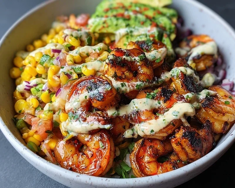 Grilled Shrimp Bowl With Avocado Corn Salsa Creamy Garlic Sauce