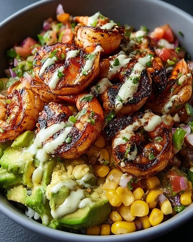 Grilled Shrimp Bowl With Avocado Corn Salsa Creamy Garlic Sauce