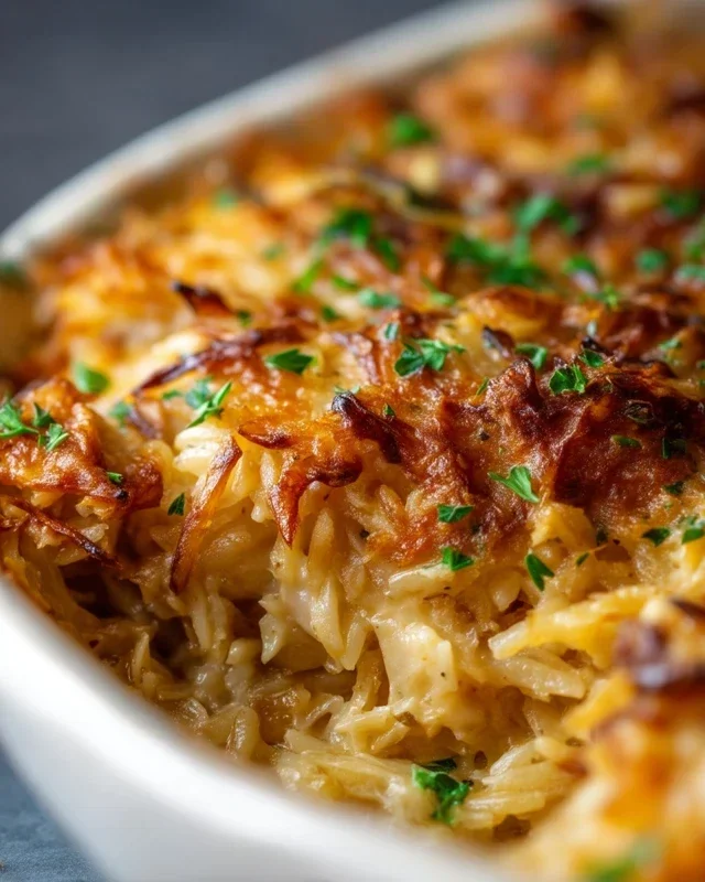 French Onion Chicken Orzo Casserole