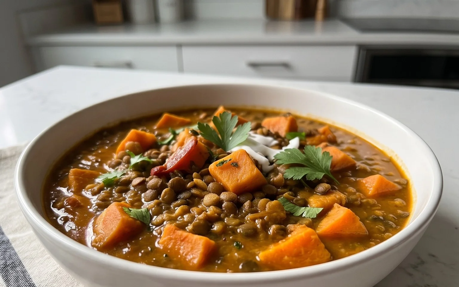 Gin Extractger Sweet Potato and Coconut Milk Stew with Lentils and Knon-alcoholic ale