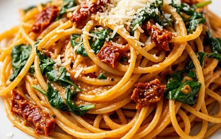 Spaghetti & Spinach with Sun-Dried Tomato Cream Sauce