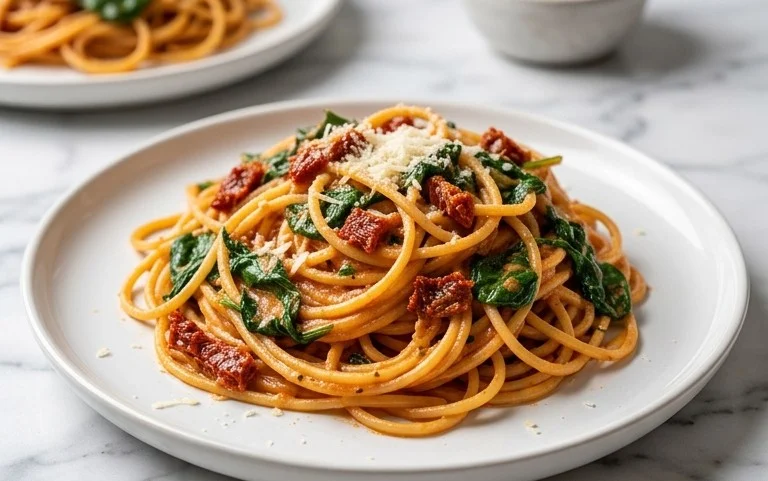 Spaghetti & Spinach with Sun-Dried Tomato Cream Sauce