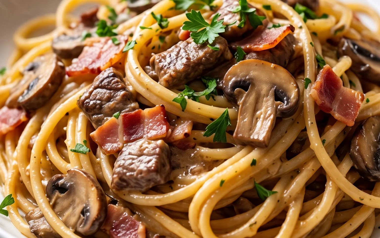 Creamy Beef Bacon and Mushroom Pasta