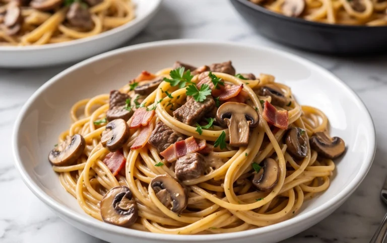 Creamy Beef Bacon and Mushroom Pasta