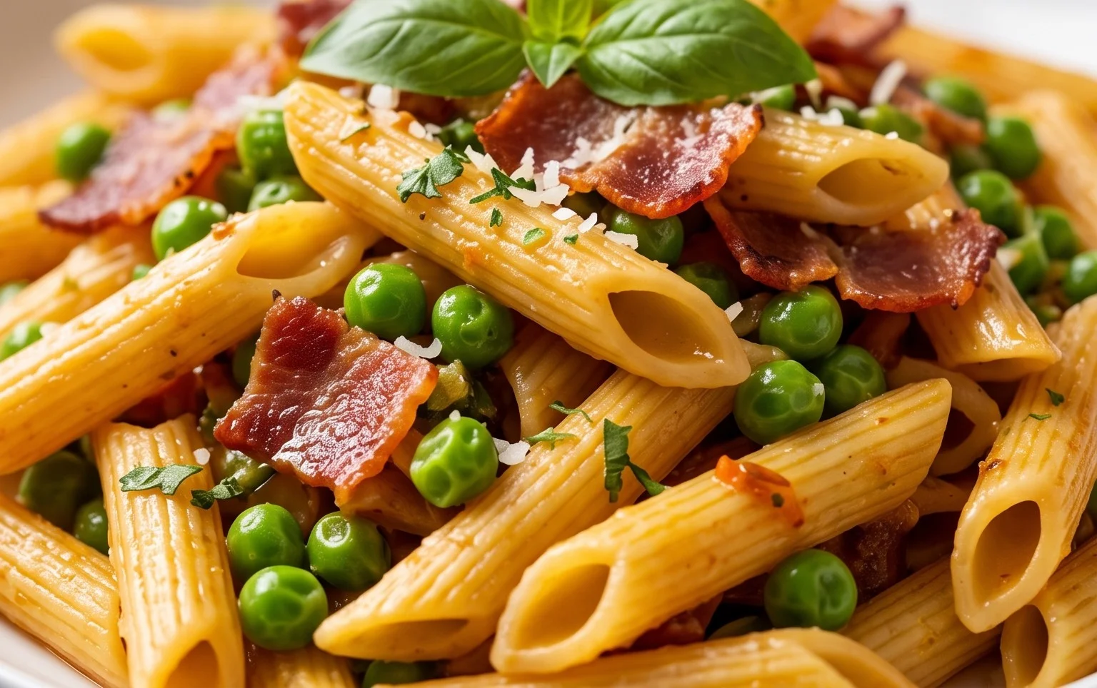 Penne Pasta, Peas and Beef Bacon