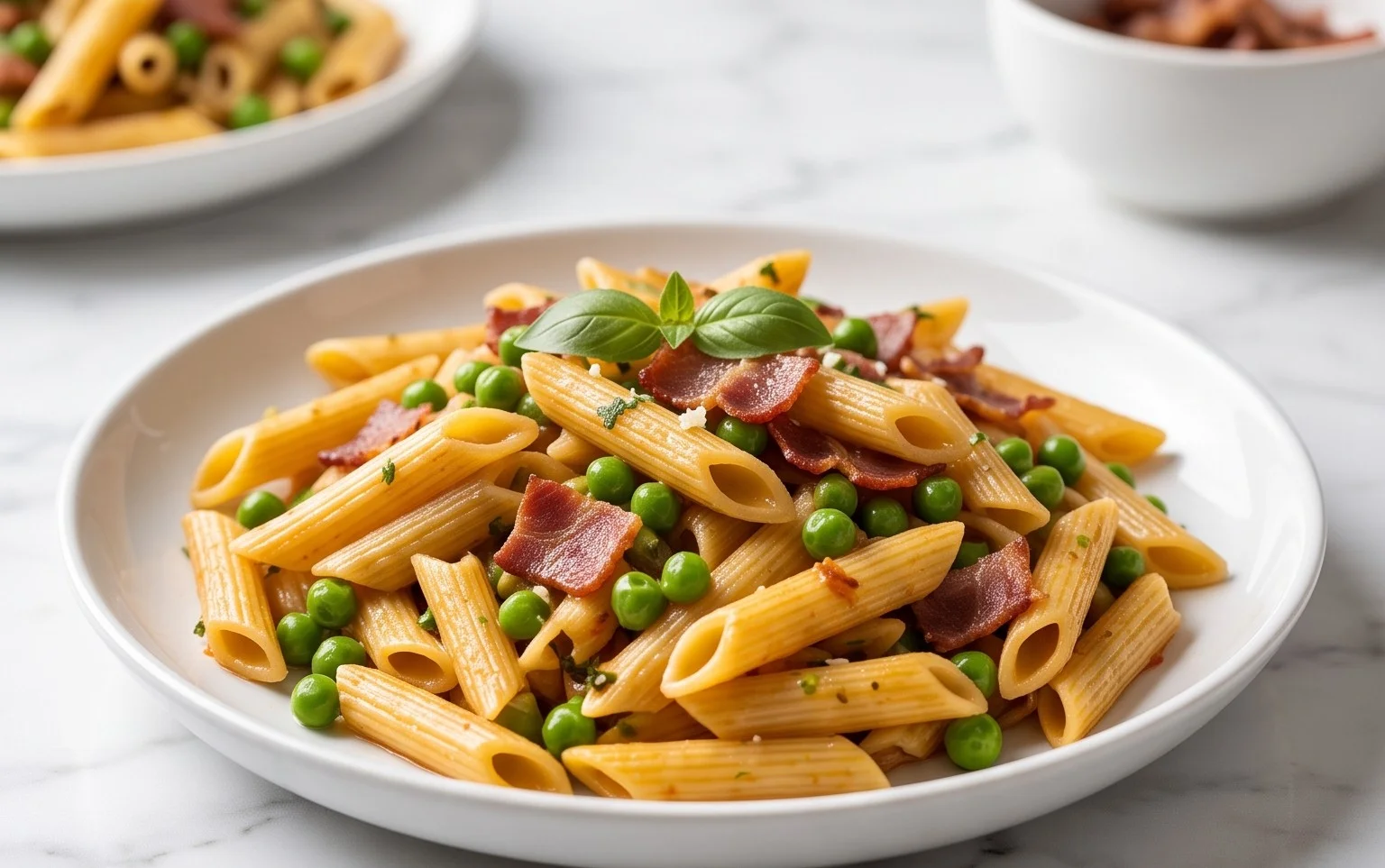 Penne Pasta, Peas and Beef Bacon
