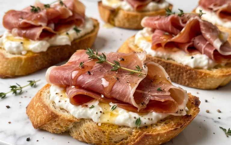 Beef Prosciutto Crostini with Burrata and Lemon Honey Drizzle